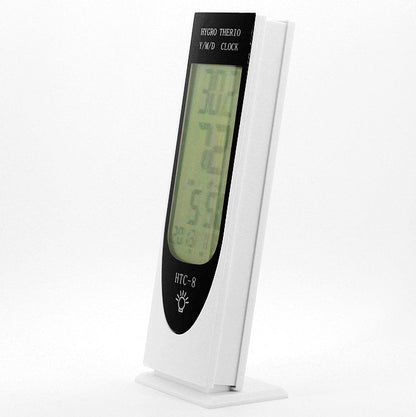HTC-8 Luminous LCD Digital LED Night Light เครื่องวัดอุณหภูมิเครื่องวัดความชื้นสัมพัทธ์แบ็คไลท์พร้อมนาฬิกาปลุก / วันที่ / นาฬิกา / ปฏิทิน, HTC-8