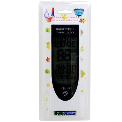 HTC-8 Luminous LCD Digital LED Night Light เครื่องวัดอุณหภูมิเครื่องวัดความชื้นสัมพัทธ์แบ็คไลท์พร้อมนาฬิกาปลุก / วันที่ / นาฬิกา / ปฏิทิน, HTC-8