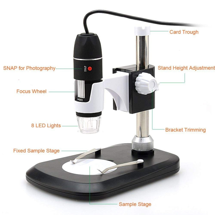 DMS-MDS800 40X-800X แว่นขยาย 2.0MP เซ็นเซอร์รับภาพกล้องจุลทรรศน์ดิจิตอล USB พร้อมไฟ LED 8 ดวงและขาตั้งแบบมืออาชีพ, 40X-800X