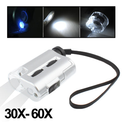 กล้องจุลทรรศน์ขนาดพกพา 30X-60X พร้อมไฟ LED 2 ดวง / ไฟตรวจจับเงิน, 30X-60X