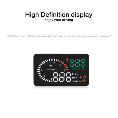 X6 3.5 นิ้วรถยนต์ OBDII / EUOBD HUD ติดตั้งบนรถ Head Up Display ระบบรักษาความปลอดภัย, รองรับความเร็วและอุณหภูมิของน้ำ & สัญญาณเตือนความเร็ว & การใช้เชื้อเพลิง & แรงดันแบตเตอรี่ ฯลฯ, X6
