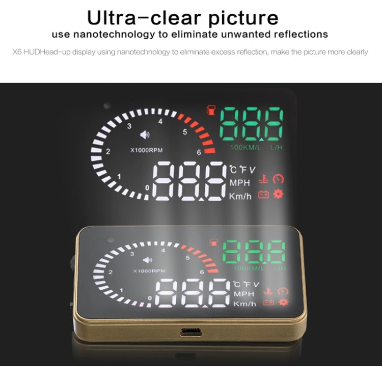 X6 3.5 นิ้วรถยนต์ OBDII / EUOBD HUD ติดตั้งบนรถ Head Up Display ระบบรักษาความปลอดภัย, รองรับความเร็วและอุณหภูมิของน้ำ & สัญญาณเตือนความเร็ว & การใช้เชื้อเพลิง & แรงดันแบตเตอรี่ ฯลฯ, X6