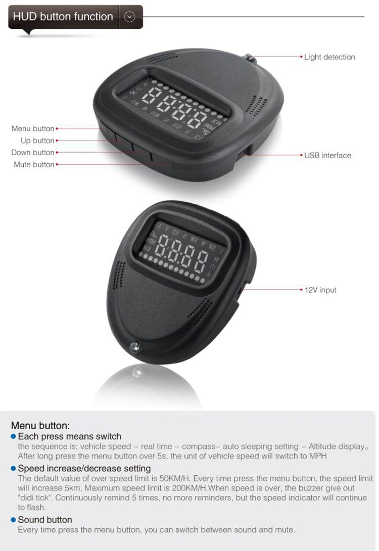 A1 2.0 นิ้วรถ GPS HUD Head Up Display ระบบรักษาความปลอดภัยที่ติดตั้งในยานพาหนะ, รองรับความเร็ว & เวลาจริง & ระดับความสูง & สัญญาณเตือนความเร็วสูง & เข็มทิศ & MPH & การนอนหลับอัตโนมัติ & KM และสัญญาณดาวเทียม, A1