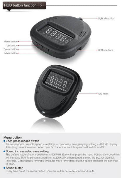A1 2.0 นิ้วรถ GPS HUD Head Up Display ระบบรักษาความปลอดภัยที่ติดตั้งในยานพาหนะ, รองรับความเร็ว & เวลาจริง & ระดับความสูง & สัญญาณเตือนความเร็วสูง & เข็มทิศ & MPH & การนอนหลับอัตโนมัติ & KM และสัญญาณดาวเทียม, A1