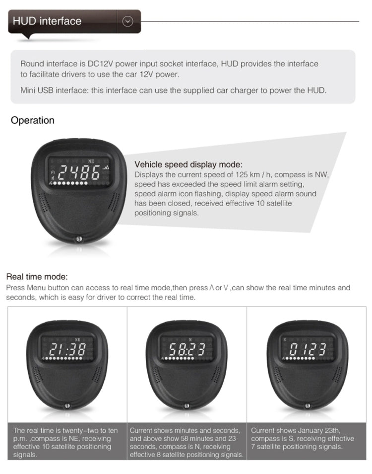A1 2.0 นิ้วรถ GPS HUD Head Up Display ระบบรักษาความปลอดภัยที่ติดตั้งในยานพาหนะ, รองรับความเร็ว & เวลาจริง & ระดับความสูง & สัญญาณเตือนความเร็วสูง & เข็มทิศ & MPH & การนอนหลับอัตโนมัติ & KM และสัญญาณดาวเทียม, A1