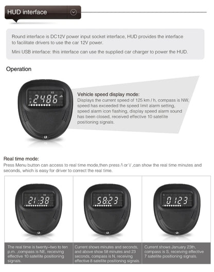 A1 2.0 นิ้วรถ GPS HUD Head Up Display ระบบรักษาความปลอดภัยที่ติดตั้งในยานพาหนะ, รองรับความเร็ว & เวลาจริง & ระดับความสูง & สัญญาณเตือนความเร็วสูง & เข็มทิศ & MPH & การนอนหลับอัตโนมัติ & KM และสัญญาณดาวเทียม, A1