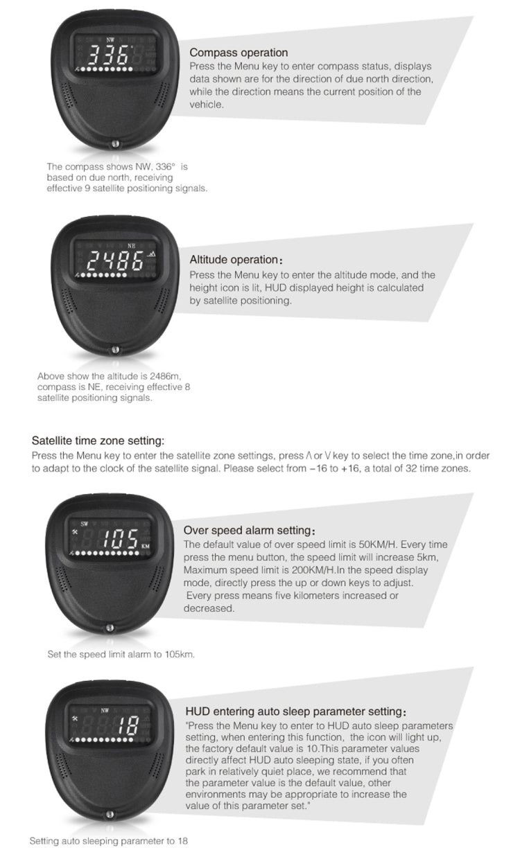 A1 2.0 นิ้วรถ GPS HUD Head Up Display ระบบรักษาความปลอดภัยที่ติดตั้งในยานพาหนะ, รองรับความเร็ว & เวลาจริง & ระดับความสูง & สัญญาณเตือนความเร็วสูง & เข็มทิศ & MPH & การนอนหลับอัตโนมัติ & KM และสัญญาณดาวเทียม, A1