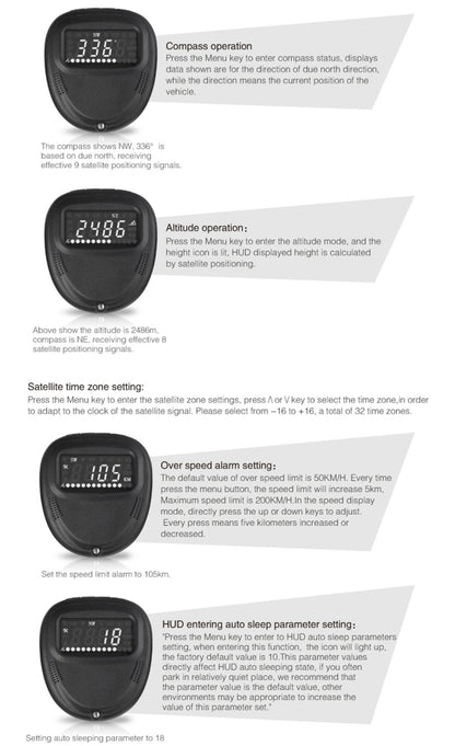 A1 2.0 นิ้วรถ GPS HUD Head Up Display ระบบรักษาความปลอดภัยที่ติดตั้งในยานพาหนะ, รองรับความเร็ว & เวลาจริง & ระดับความสูง & สัญญาณเตือนความเร็วสูง & เข็มทิศ & MPH & การนอนหลับอัตโนมัติ & KM และสัญญาณดาวเทียม, A1