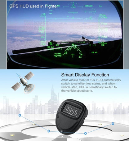 A1 2.0 นิ้วรถ GPS HUD Head Up Display ระบบรักษาความปลอดภัยที่ติดตั้งในยานพาหนะ, รองรับความเร็ว & เวลาจริง & ระดับความสูง & สัญญาณเตือนความเร็วสูง & เข็มทิศ & MPH & การนอนหลับอัตโนมัติ & KM และสัญญาณดาวเทียม, A1