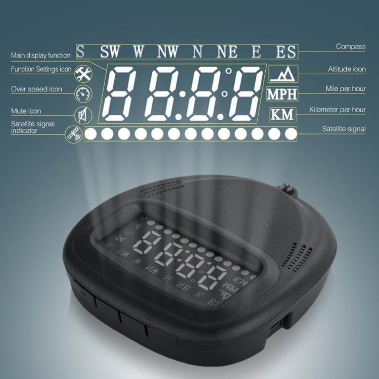 A1 2.0 นิ้วรถ GPS HUD Head Up Display ระบบรักษาความปลอดภัยที่ติดตั้งในยานพาหนะ, รองรับความเร็ว & เวลาจริง & ระดับความสูง & สัญญาณเตือนความเร็วสูง & เข็มทิศ & MPH & การนอนหลับอัตโนมัติ & KM และสัญญาณดาวเทียม, A1