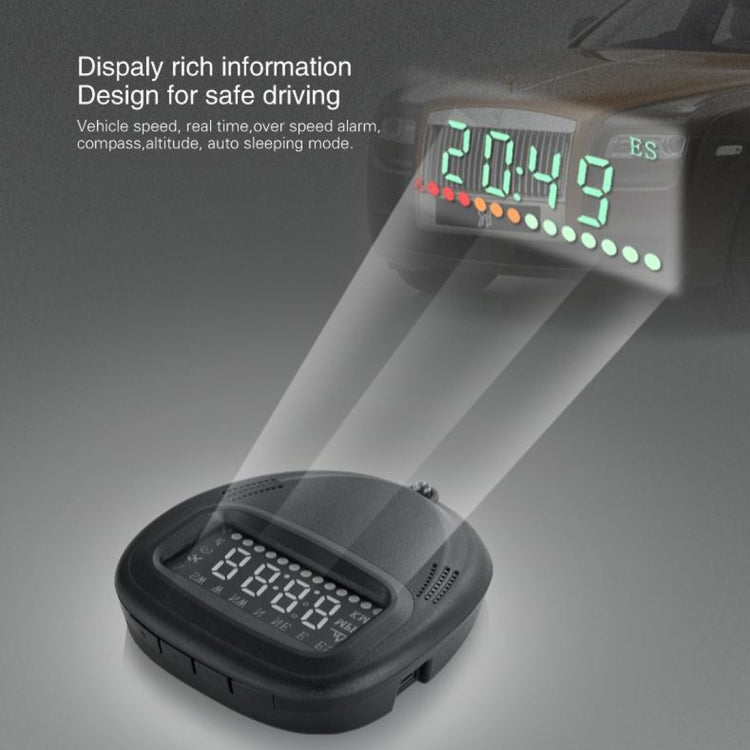 A1 2.0 นิ้วรถ GPS HUD Head Up Display ระบบรักษาความปลอดภัยที่ติดตั้งในยานพาหนะ, รองรับความเร็ว & เวลาจริง & ระดับความสูง & สัญญาณเตือนความเร็วสูง & เข็มทิศ & MPH & การนอนหลับอัตโนมัติ & KM และสัญญาณดาวเทียม, A1