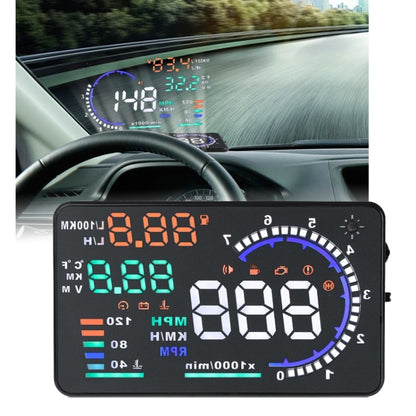A8 5.5 นิ้วระบบเตือนรถยนต์ OBDII HUD ติดตั้งบนรถ Head Up Display เครื่องฉาย พร้อม LED รองรับการสิ้นเปลืองน้ำมันเชื้อเพลิงและสัญญาณเตือนความเร็วเกิน & อุณหภูมิของน้ำและการวินิจฉัยความผิด, A8