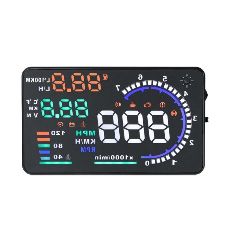 A8 5.5 นิ้วระบบเตือนรถยนต์ OBDII HUD ติดตั้งบนรถ Head Up Display เครื่องฉาย พร้อม LED รองรับการสิ้นเปลืองน้ำมันเชื้อเพลิงและสัญญาณเตือนความเร็วเกิน & อุณหภูมิของน้ำและการวินิจฉัยความผิด, A8