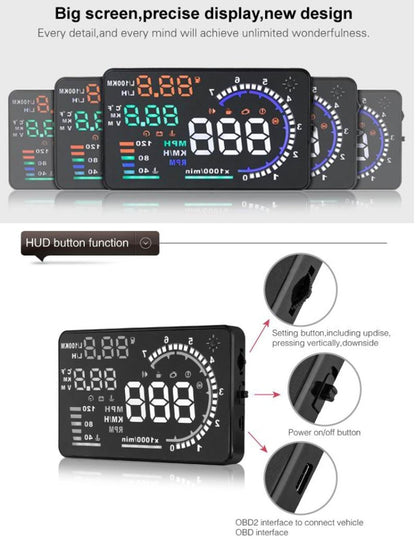 A8 5.5 นิ้วระบบเตือนรถยนต์ OBDII HUD ติดตั้งบนรถ Head Up Display เครื่องฉาย พร้อม LED รองรับการสิ้นเปลืองน้ำมันเชื้อเพลิงและสัญญาณเตือนความเร็วเกิน & อุณหภูมิของน้ำและการวินิจฉัยความผิด, A8