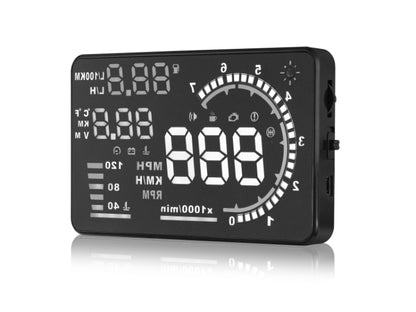 A8 5.5 นิ้วระบบเตือนรถยนต์ OBDII HUD ติดตั้งบนรถ Head Up Display เครื่องฉาย พร้อม LED รองรับการสิ้นเปลืองน้ำมันเชื้อเพลิงและสัญญาณเตือนความเร็วเกิน & อุณหภูมิของน้ำและการวินิจฉัยความผิด, A8