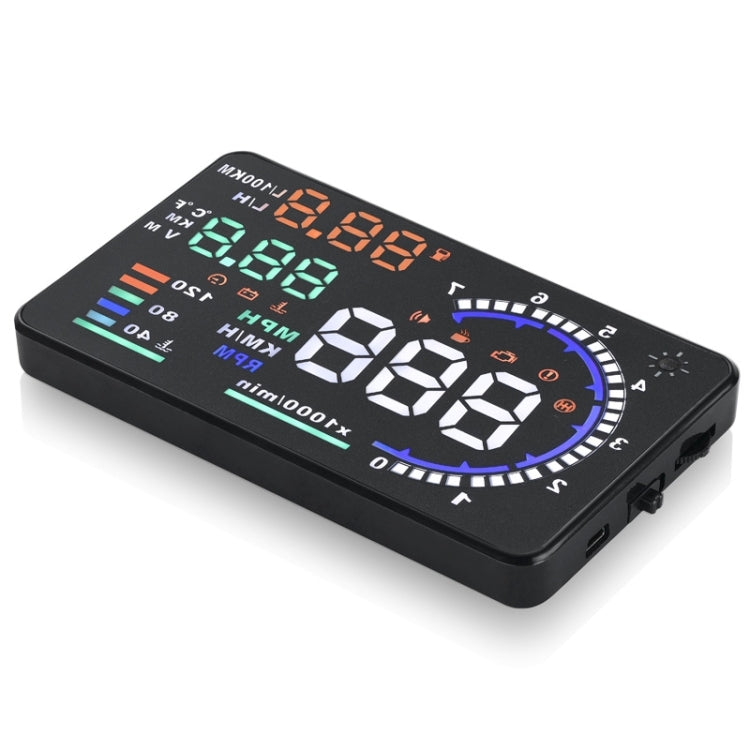 A8 5.5 นิ้วระบบเตือนรถยนต์ OBDII HUD ติดตั้งบนรถ Head Up Display เครื่องฉาย พร้อม LED รองรับการสิ้นเปลืองน้ำมันเชื้อเพลิงและสัญญาณเตือนความเร็วเกิน & อุณหภูมิของน้ำและการวินิจฉัยความผิด, A8