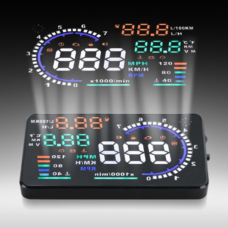 A8 5.5 นิ้วระบบเตือนรถยนต์ OBDII HUD ติดตั้งบนรถ Head Up Display เครื่องฉาย พร้อม LED รองรับการสิ้นเปลืองน้ำมันเชื้อเพลิงและสัญญาณเตือนความเร็วเกิน & อุณหภูมิของน้ำและการวินิจฉัยความผิด, A8