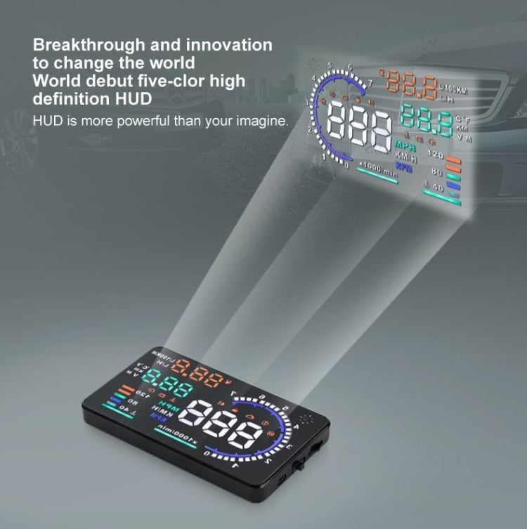 A8 5.5 นิ้วระบบเตือนรถยนต์ OBDII HUD ติดตั้งบนรถ Head Up Display เครื่องฉาย พร้อม LED รองรับการสิ้นเปลืองน้ำมันเชื้อเพลิงและสัญญาณเตือนความเร็วเกิน & อุณหภูมิของน้ำและการวินิจฉัยความผิด, A8