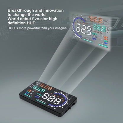 A8 5.5 นิ้วระบบเตือนรถยนต์ OBDII HUD ติดตั้งบนรถ Head Up Display เครื่องฉาย พร้อม LED รองรับการสิ้นเปลืองน้ำมันเชื้อเพลิงและสัญญาณเตือนความเร็วเกิน & อุณหภูมิของน้ำและการวินิจฉัยความผิด, A8