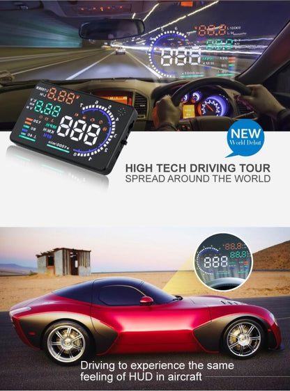 A8 5.5 นิ้วระบบเตือนรถยนต์ OBDII HUD ติดตั้งบนรถ Head Up Display เครื่องฉาย พร้อม LED รองรับการสิ้นเปลืองน้ำมันเชื้อเพลิงและสัญญาณเตือนความเร็วเกิน & อุณหภูมิของน้ำและการวินิจฉัยความผิด, A8