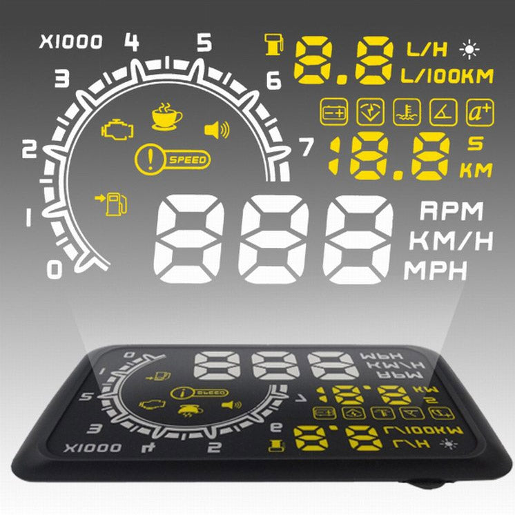 W02 5.5 นิ้วรถ OBDII HUD ระบบเตือนการบริโภคน้ำมันเชื้อเพลิงติดรถยนต์ Head Up Display โปรเจคเตอร์พร้อม LED, W02