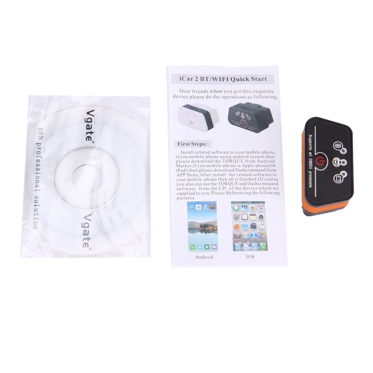 Vgate iCar II Super Mini ELM327 OBDII Bluetooth V3.0 เครื่องมือสแกนเนอร์รถยนต์, รองรับระบบปฏิบัติการ Android, รองรับโปรโตคอล OBDII ทั้งหมด, Bluetooth V3.0 Orange + Black