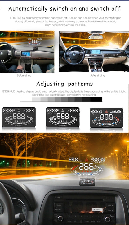 E300 5.5 นิ้วรถยนต์ OBDII / EUOBD HUD ติดตั้งบนรถ Head Up Display ระบบรักษาความปลอดภัย, รองรับความเร็วและการใช้น้ำมันเชื้อเพลิง, สัญญาณเตือน Overspeed, การสิ้นเปลืองน้ำมันเชื้อเพลิง, อุณหภูมิของน้ำ ฯลฯ, E300