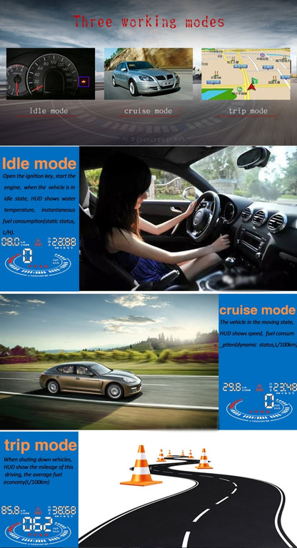 E300 5.5 นิ้วรถยนต์ OBDII / EUOBD HUD ติดตั้งบนรถ Head Up Display ระบบรักษาความปลอดภัย, รองรับความเร็วและการใช้น้ำมันเชื้อเพลิง, สัญญาณเตือน Overspeed, การสิ้นเปลืองน้ำมันเชื้อเพลิง, อุณหภูมิของน้ำ ฯลฯ, E300