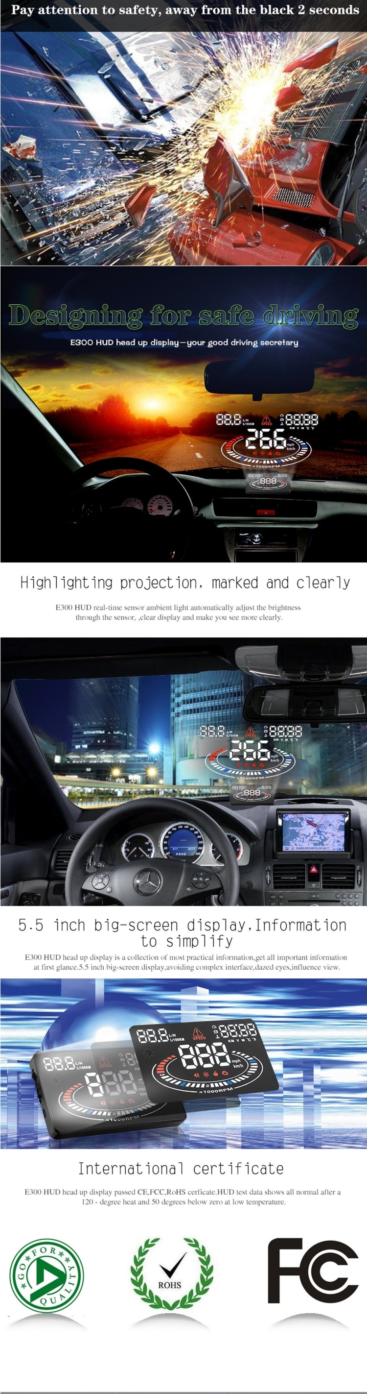 E300 5.5 นิ้วรถยนต์ OBDII / EUOBD HUD ติดตั้งบนรถ Head Up Display ระบบรักษาความปลอดภัย, รองรับความเร็วและการใช้น้ำมันเชื้อเพลิง, สัญญาณเตือน Overspeed, การสิ้นเปลืองน้ำมันเชื้อเพลิง, อุณหภูมิของน้ำ ฯลฯ, E300