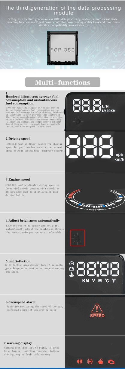 E300 5.5 นิ้วรถยนต์ OBDII / EUOBD HUD ติดตั้งบนรถ Head Up Display ระบบรักษาความปลอดภัย, รองรับความเร็วและการใช้น้ำมันเชื้อเพลิง, สัญญาณเตือน Overspeed, การสิ้นเปลืองน้ำมันเชื้อเพลิง, อุณหภูมิของน้ำ ฯลฯ, E300