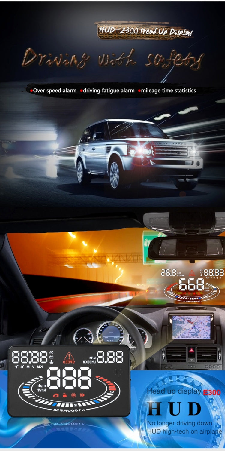 E300 5.5 นิ้วรถยนต์ OBDII / EUOBD HUD ติดตั้งบนรถ Head Up Display ระบบรักษาความปลอดภัย, รองรับความเร็วและการใช้น้ำมันเชื้อเพลิง, สัญญาณเตือน Overspeed, การสิ้นเปลืองน้ำมันเชื้อเพลิง, อุณหภูมิของน้ำ ฯลฯ, E300