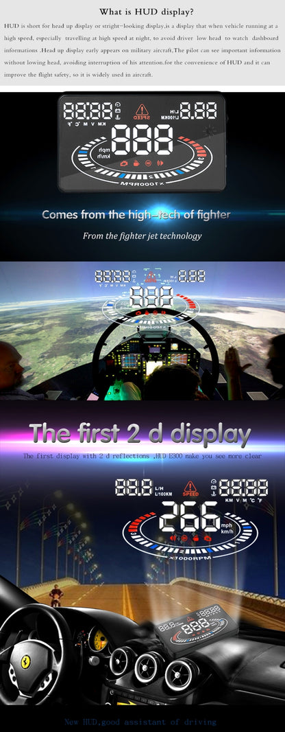 E300 5.5 นิ้วรถยนต์ OBDII / EUOBD HUD ติดตั้งบนรถ Head Up Display ระบบรักษาความปลอดภัย, รองรับความเร็วและการใช้น้ำมันเชื้อเพลิง, สัญญาณเตือน Overspeed, การสิ้นเปลืองน้ำมันเชื้อเพลิง, อุณหภูมิของน้ำ ฯลฯ, E300