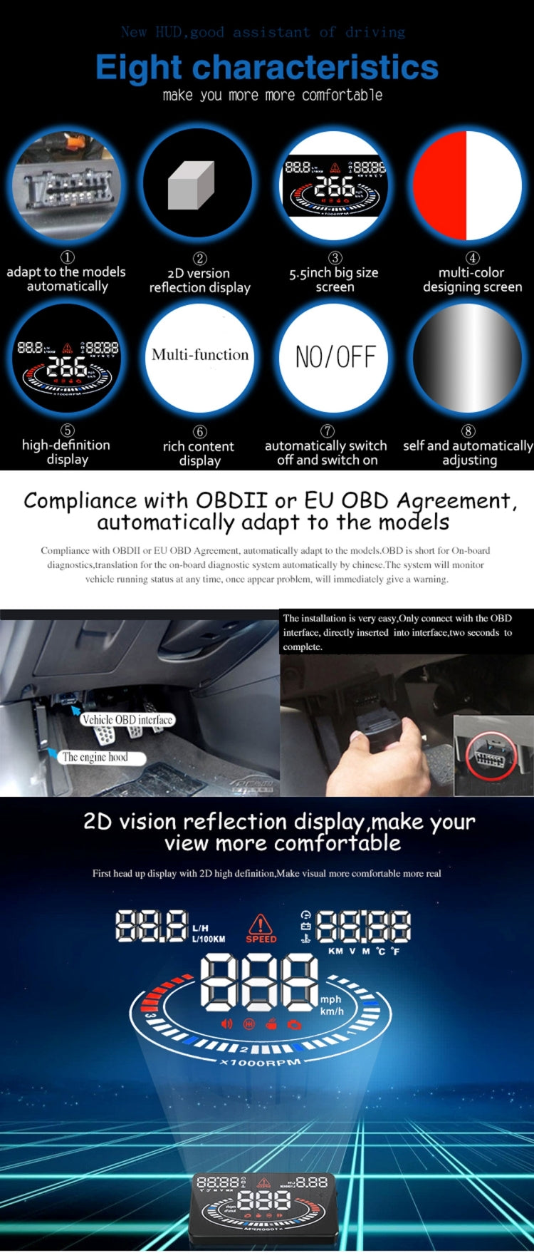 E300 5.5 นิ้วรถยนต์ OBDII / EUOBD HUD ติดตั้งบนรถ Head Up Display ระบบรักษาความปลอดภัย, รองรับความเร็วและการใช้น้ำมันเชื้อเพลิง, สัญญาณเตือน Overspeed, การสิ้นเปลืองน้ำมันเชื้อเพลิง, อุณหภูมิของน้ำ ฯลฯ, E300