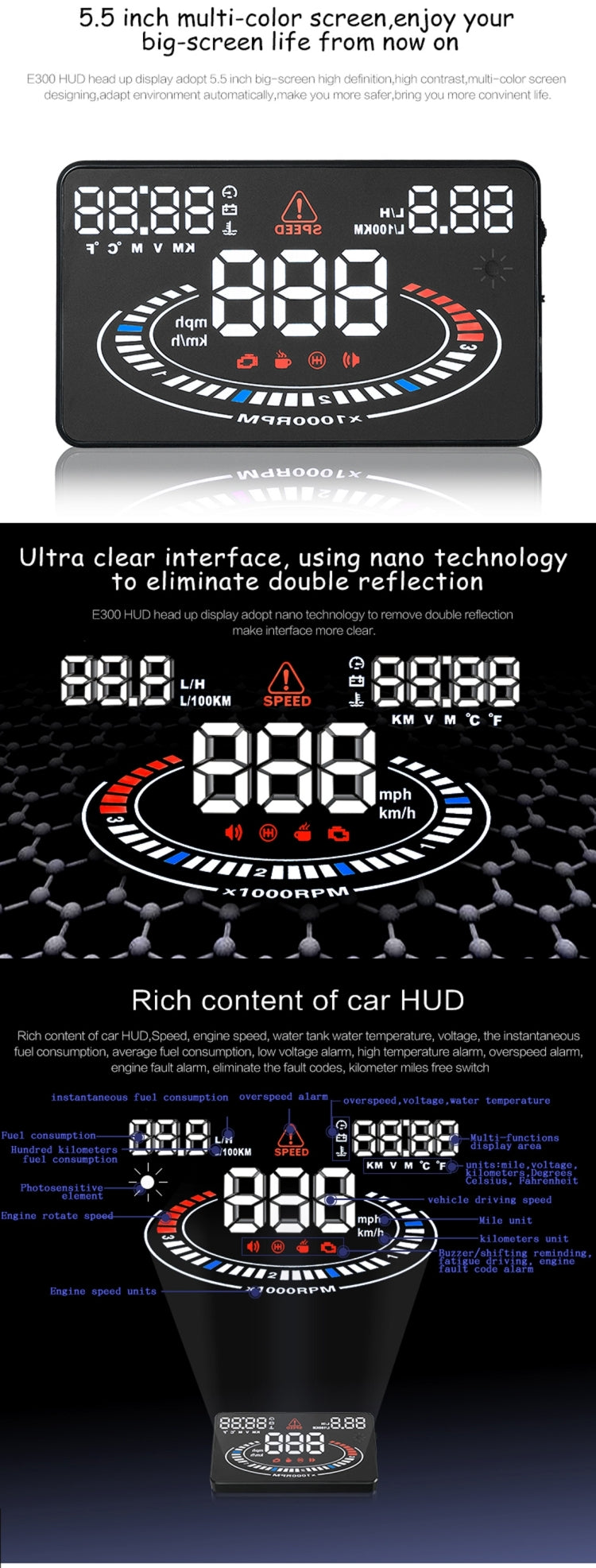 E300 5.5 นิ้วรถยนต์ OBDII / EUOBD HUD ติดตั้งบนรถ Head Up Display ระบบรักษาความปลอดภัย, รองรับความเร็วและการใช้น้ำมันเชื้อเพลิง, สัญญาณเตือน Overspeed, การสิ้นเปลืองน้ำมันเชื้อเพลิง, อุณหภูมิของน้ำ ฯลฯ, E300