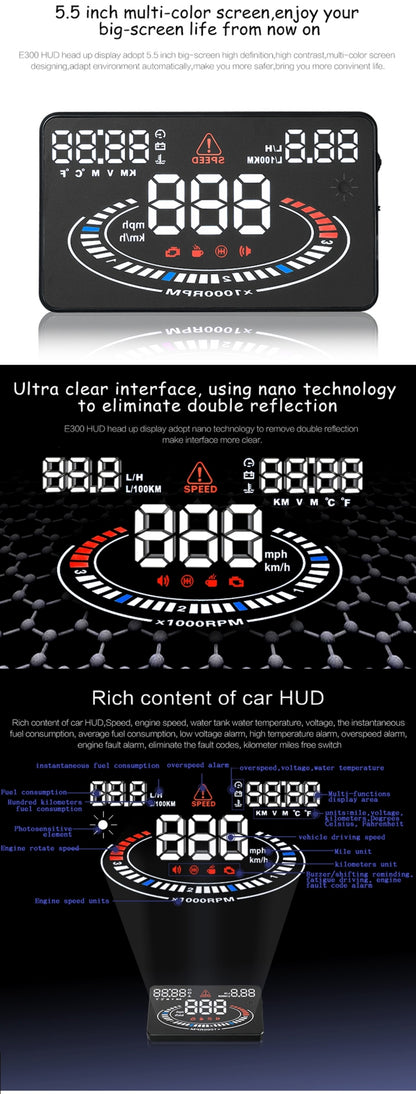 E300 5.5 นิ้วรถยนต์ OBDII / EUOBD HUD ติดตั้งบนรถ Head Up Display ระบบรักษาความปลอดภัย, รองรับความเร็วและการใช้น้ำมันเชื้อเพลิง, สัญญาณเตือน Overspeed, การสิ้นเปลืองน้ำมันเชื้อเพลิง, อุณหภูมิของน้ำ ฯลฯ, E300