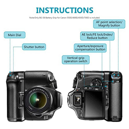 Battery Grip สำหรับ Canon EOS 550D พร้อมที่ใส่แบตเตอรี่ 2 ก้อน, For Canon EOS 550D