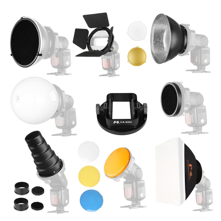 ชุดอุปกรณ์เสริม Falcon Eyes SG-100 Speedlite, เมาท์อะแดปเตอร์สากล / Barndoor / Snoot/ รังผึ้ง / แผ่นสะท้อนแสงแบบมาตรฐาน / รังผึ้งสำหรับตัวสะท้อนแสงแบบอ่อน / บอลกระจาย / เจลสี / ซอฟท์บ็อกซ์