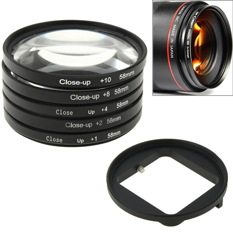 6 in 1 58mm Close-Up Lens Filter ฟิลเตอร์เลนส์มาโคร + วงแหวนอะแดปเตอร์ฟิลเตอร์สำหรับ GoPro HERO3, 6 in 1 58mm