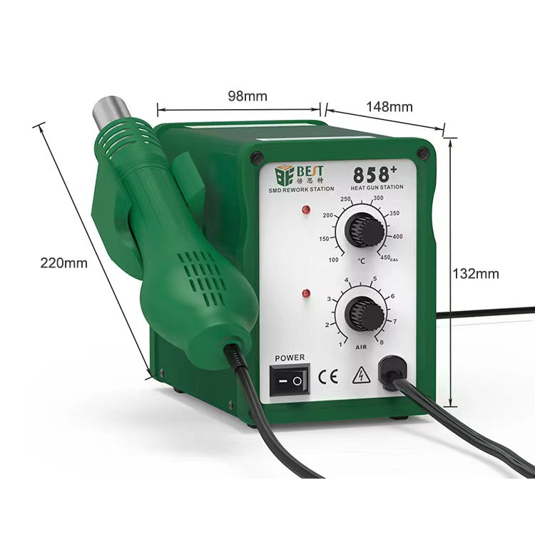 BEST BST-858+ AC 220V 50Hz 650W ปืนลมร้อนไร้สารตะกั่วปรับอุณหภูมิได้พร้อมลานลม, BST-858+ EU Plug, BST-858+ US Plug
