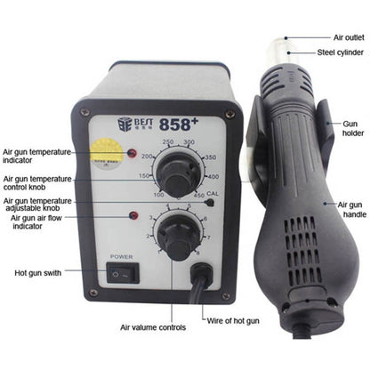 BEST BST-858+ AC 220V 50Hz 650W ปืนลมร้อนไร้สารตะกั่วปรับอุณหภูมิได้พร้อมลานลม, BST-858+ EU Plug, BST-858+ US Plug