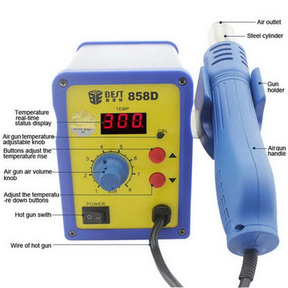 BEST BST-858D AC 220V 50Hz 650W LED Displayer อุณหภูมิที่ปรับได้ปืนลมร้อนไร้สารตะกั่วพร้อมลานลม, BST-858D US Plug