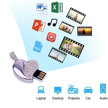 เครื่องประดับเพชรรูปหัวใจสีเงิน USB แฟลชดิสก์ พิเศษสำหรับของขวัญวันวาเลนไทน์, 2GB, 4GB, 8GB, 16GB, 32GB