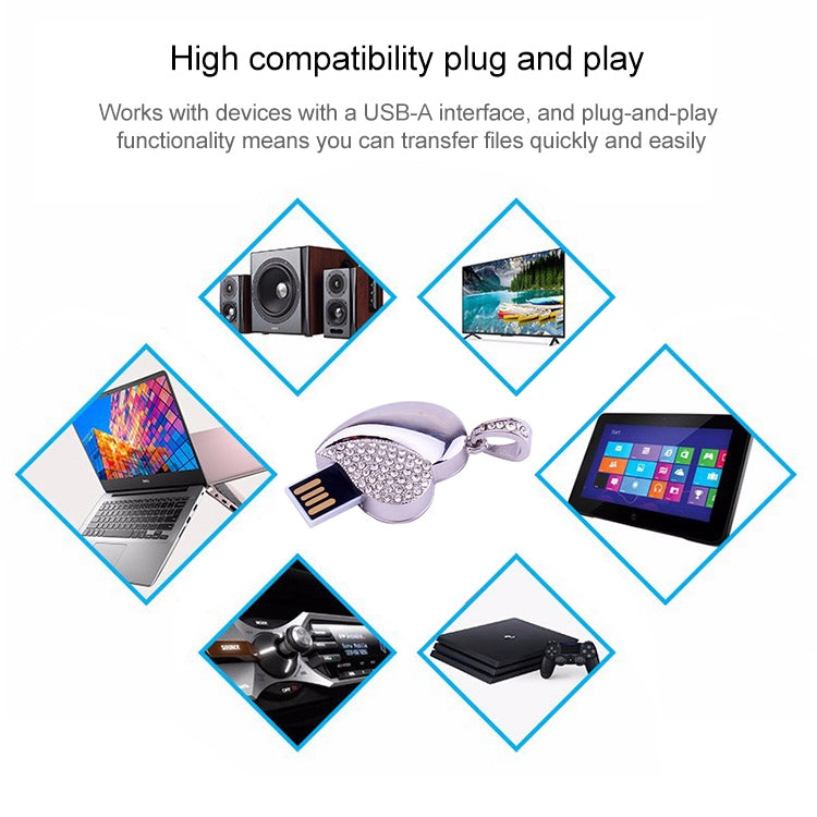 เครื่องประดับเพชรรูปหัวใจสีเงิน USB แฟลชดิสก์ พิเศษสำหรับของขวัญวันวาเลนไทน์, 2GB, 4GB, 8GB, 16GB, 32GB