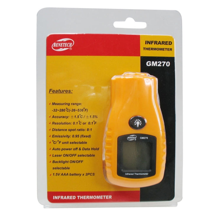 BENETECH เครื่องวัดอุณหภูมิอินฟราเรดดิจิตอลขนาดเล็ก ช่วงอุณหภูมิ -32 - 280 องศา (GM270), GM270