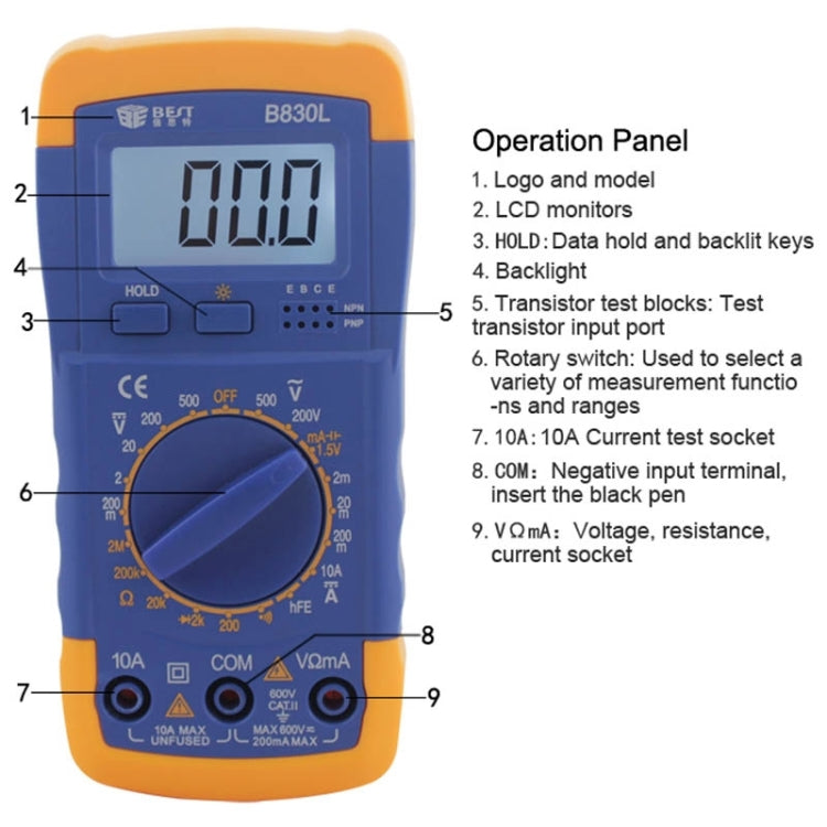 BST-B830L 9V หน้าจอ LCD แสดงผล มัลติมิเตอร์แบบดิจิตอล, BST- B830L