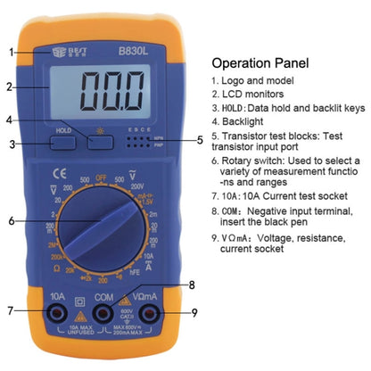 BST-B830L 9V หน้าจอ LCD แสดงผล มัลติมิเตอร์แบบดิจิตอล, BST- B830L