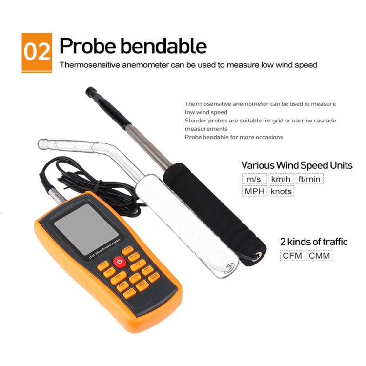 BENETECH GM8903 หน้าจอ LCD ขนาด 2.6 นิ้วเครื่องวัดความเร็วลมแบบดิจิตอล Hot Wire Wind Speed Wind Temperature Anemometer, GM8903