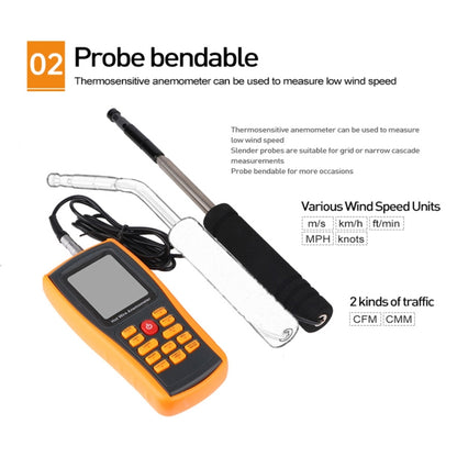 BENETECH GM8903 หน้าจอ LCD ขนาด 2.6 นิ้วเครื่องวัดความเร็วลมแบบดิจิตอล Hot Wire Wind Speed Wind Temperature Anemometer, GM8903