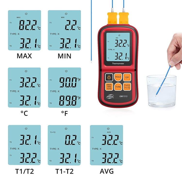 BENETECH GM1312 เทอร์โมคัปเปิ้ลเทอร์โมคัปเปิลหน้าจอ LCD ขนาด 2.4 นิ้ว วัดประเภท J,K,T,E,N และ R, ช่วงการวัด: -50~300C