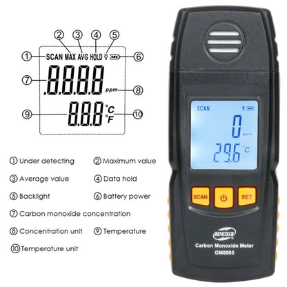 BENETECH GM8805 จอแสดงผล LCD มือถือคาร์บอนมอนอกไซด์ CO Monitor เครื่องตรวจจับ Meter Tester, ช่วงการวัด: 0-1000ppm